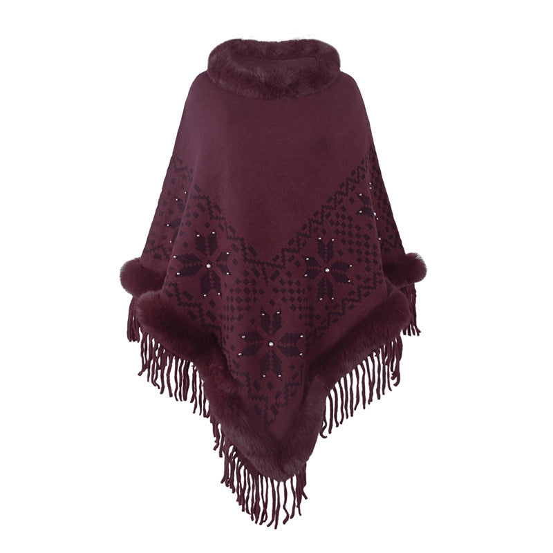 Damen eleganter Poncho mit dekorativem Fransen-Design und Kunstfellbesatz R&B