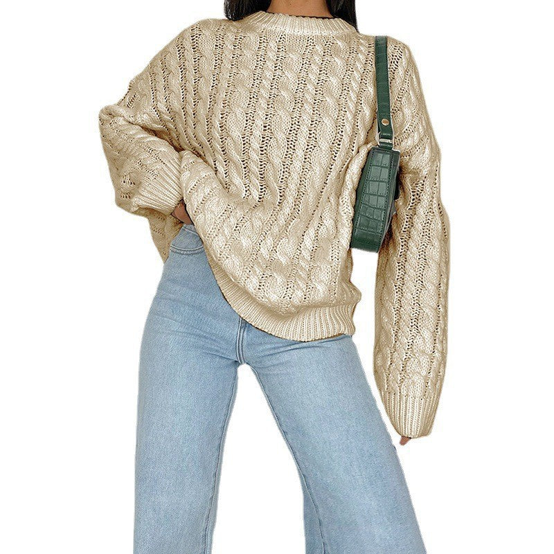 Damen grob gestrickter Pullover mit Zopfmuster und weitem Schnitt R&B