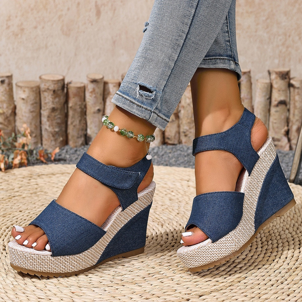 Damen Wedge-Sandalen mit elastischem Riemen und dekorativer Bast-Optik R&B