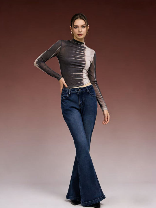Damen elegante Cropped Bluse mit Puffärmeln und Stickmuster