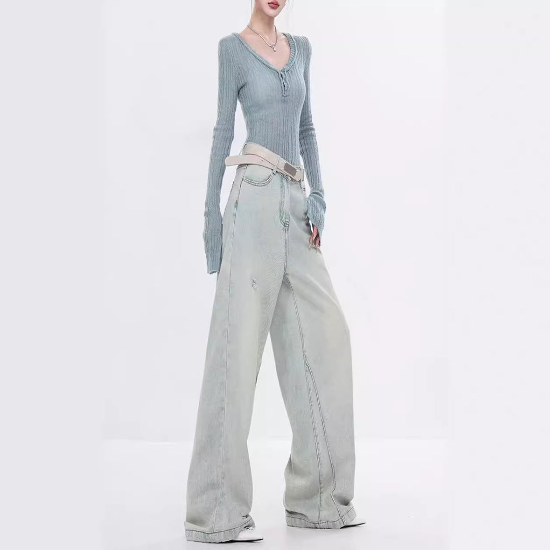 Damen Elegante Weitbein-Jeans mit modischen Akzentuierungen und hohem Bund R&B