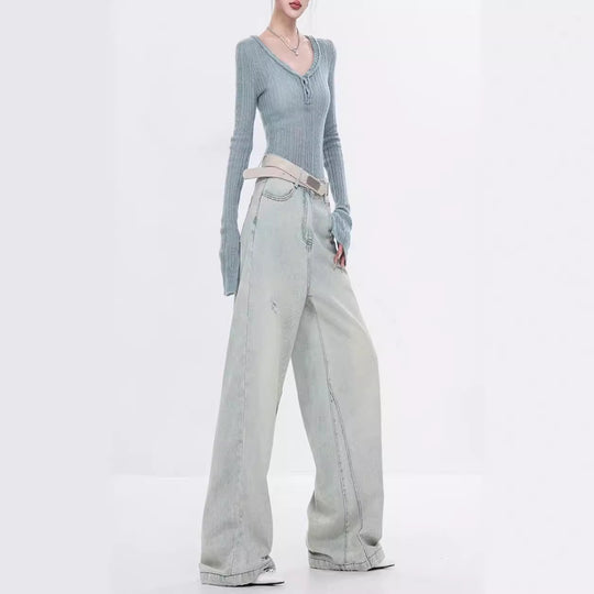 Damen Elegante Weitbein-Jeans mit modischen Akzentuierungen und hohem Bund R&B