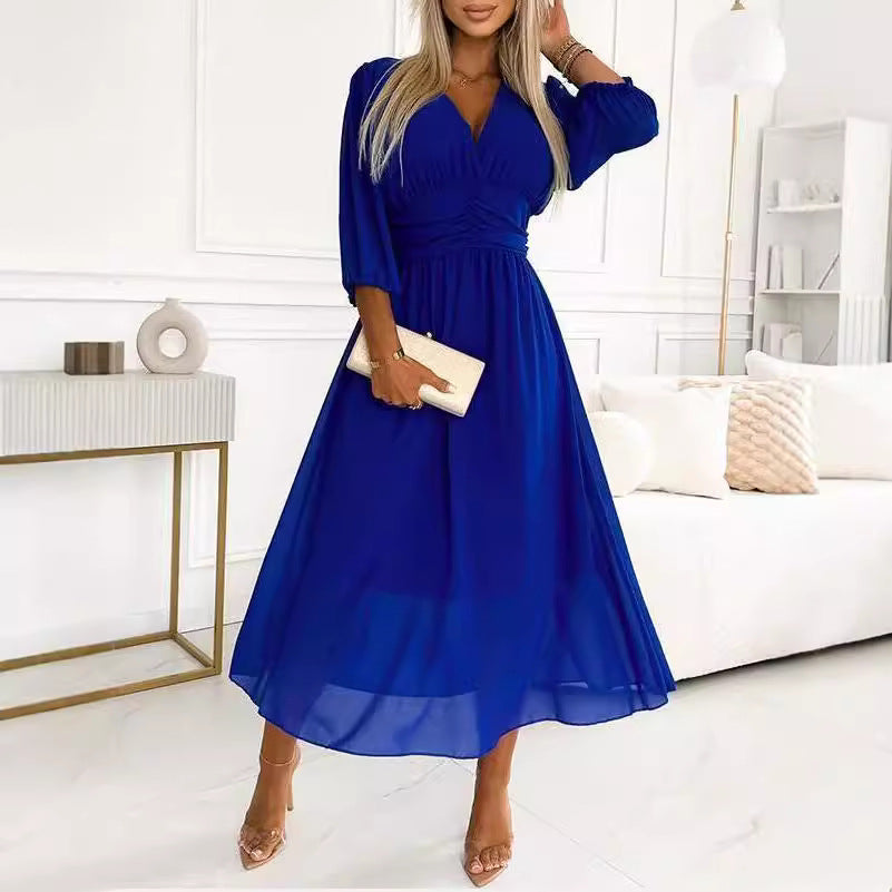 Damen Maxikleid mit elegantem V-Ausschnitt und raffiniertem Faltenwurf R&B