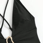 Damen Einteiler Badeanzug mit tiefem V-Ausschnitt und elegantem Gürtel R&B