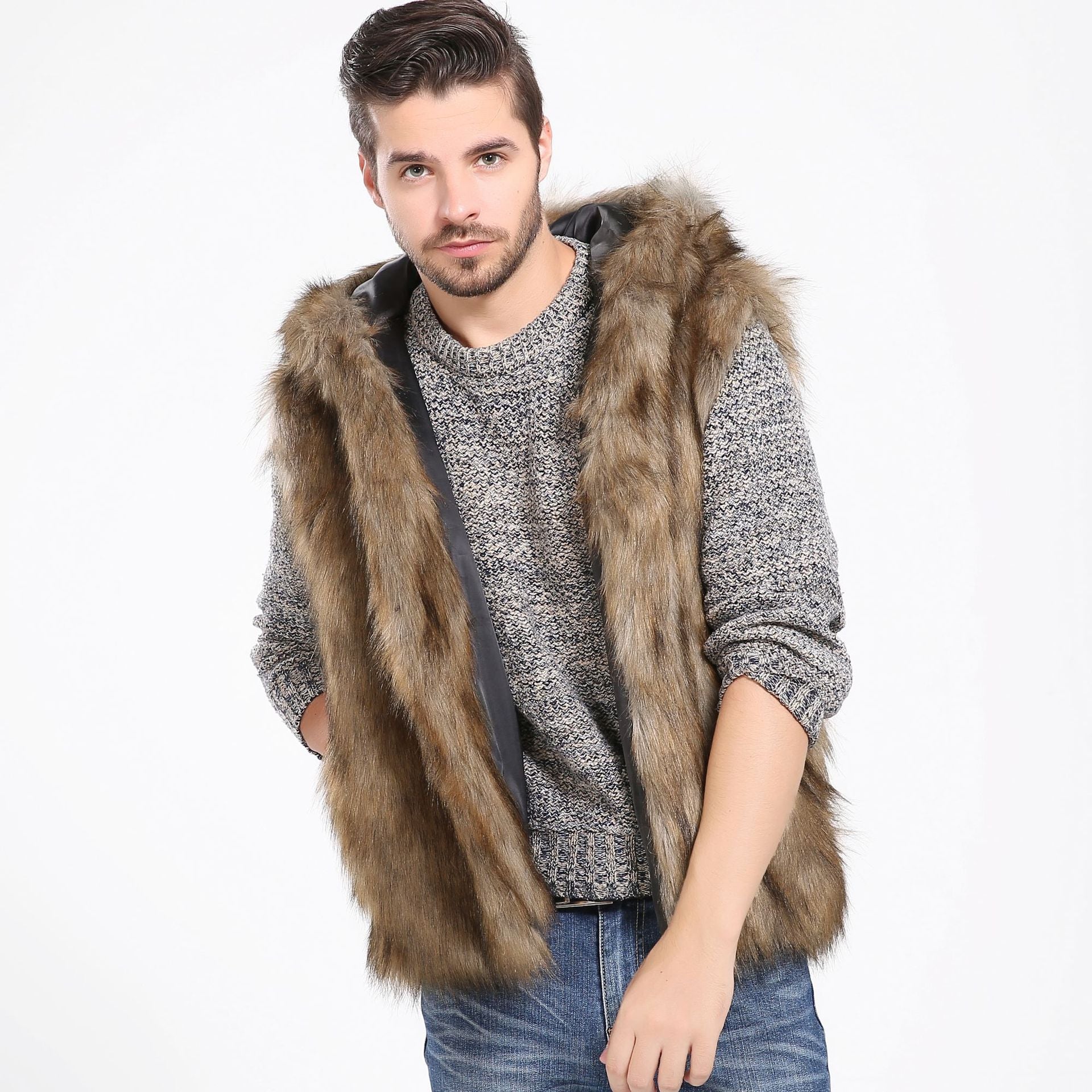 Herren Elegante Kunstpelzjacke mit Kapuze und seitlichen Taschen R&B