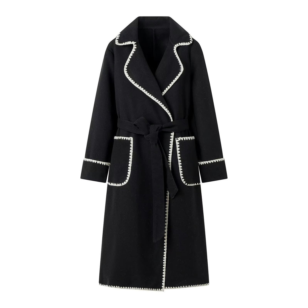 Damen eleganter Longcoat mit Bindegürtel und kontrastierenden Paspeln R&B