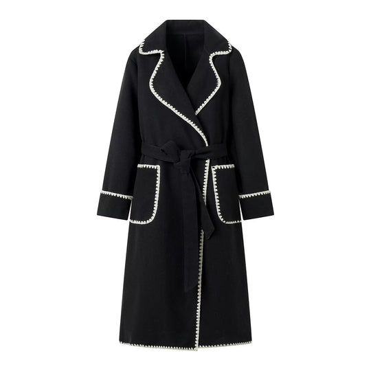 Damen eleganter Longcoat mit Bindegürtel und kontrastierenden Paspeln R&B
