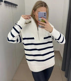 Damen gestreifter Pullover mit hohem Kragen und Reißverschluss R&B