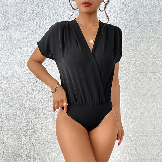 Damen Body mit eleganter Wickeloptik und kurzen Ärmeln R&B