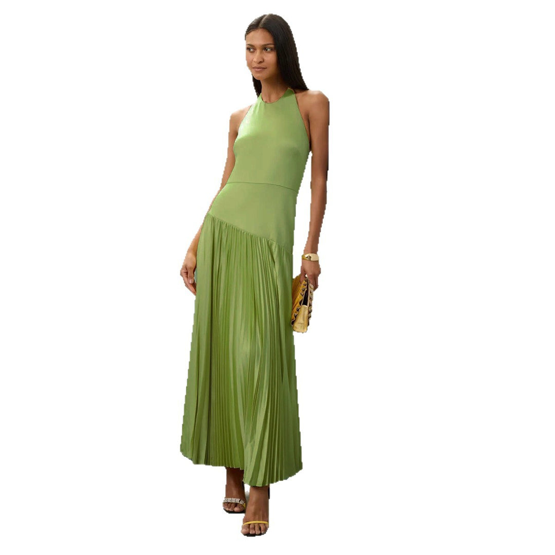 Damen Elegantes Maxi-Kleid mit fließendem Faltenrock und Halterneck-Design R&B