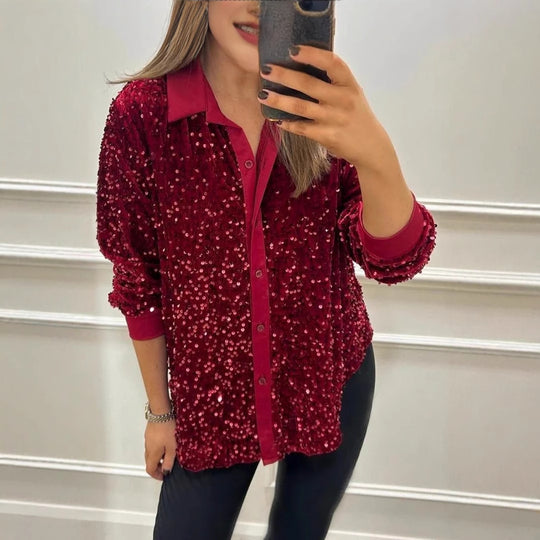 Damen Glitzernde Bluse aus Pailletten mit klassischem Kragen R&B