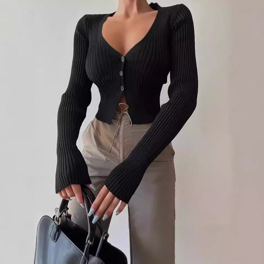 Damen Strick-Cardigan mit tiefem V-Ausschnitt und Knopfverschluss R&B