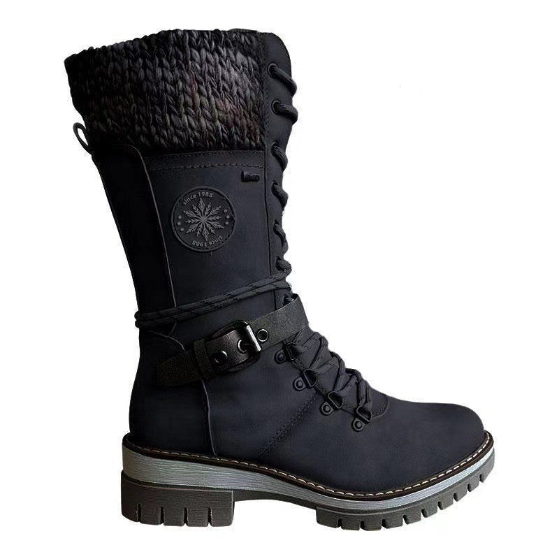Damen nan gefütterte Schnürstiefel mit gestricktem Schaftbund, dekorativem Schnallenriemen und profilierter Gummisohle R&B