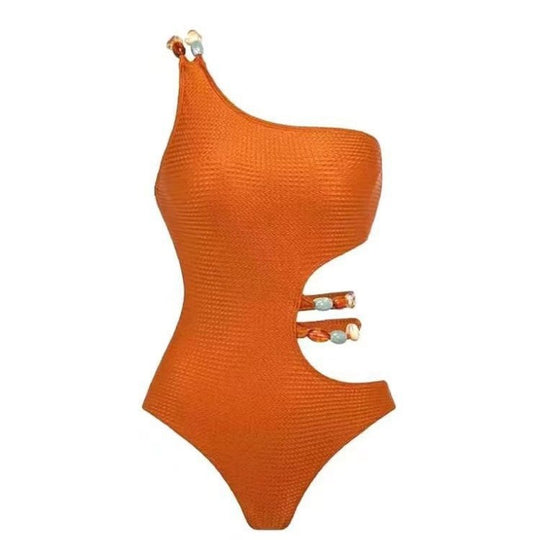 Damen Einteiler Badeanzug mit asymmetrischem Schnitt und floralem Wickelrock R&B