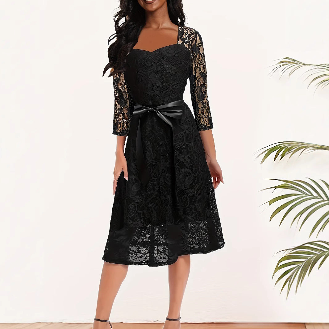 Damen Spitzenkleid mit Taillengürtel und eleganten Halbärmeln R&B
