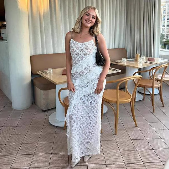 Damen Elegantes Spitzen-Maxikleid mit asymmetrischen Drapierungen R&B
