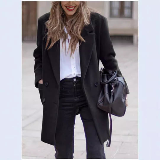 Damen eleganter und warmer Wollmantel mit doppelter Knopfleiste R&B