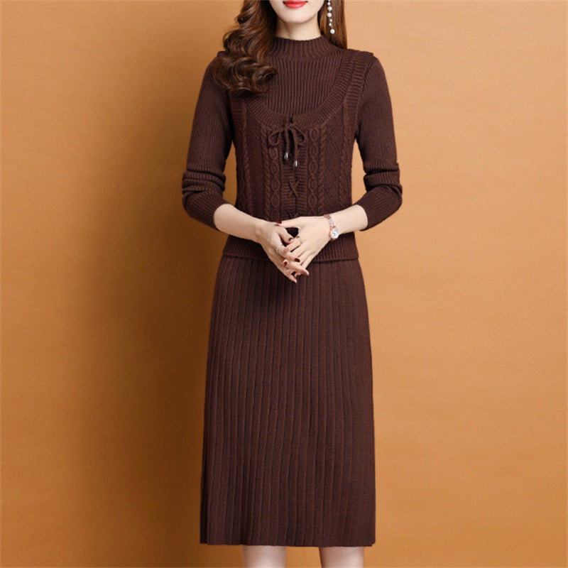 Damen elegantes Strickkleid mit hochgeschlossenem Kragen und dekorativem Zopfdesign R&B