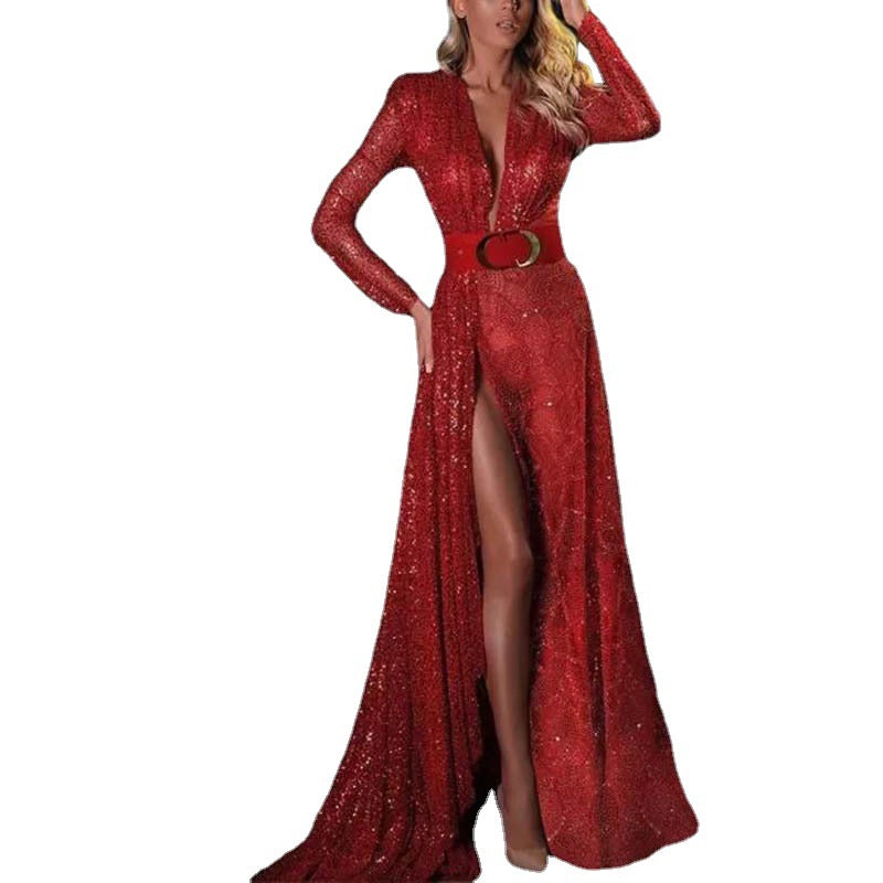 Damen Glitzerndes Abendkleid mit tiefem V-Ausschnitt und Eleganter Schleppe R&B