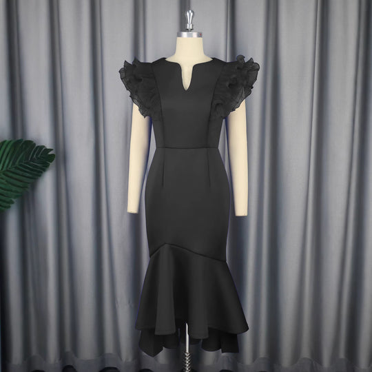 Damen figurbetontes Kleid mit voluminösen Rüschenärmel R&B