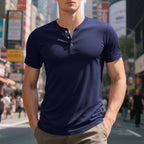 Herren Kurzarm-Henley-T-Shirt aus weicher Baumwolle mit dekorativer Knopfleiste R&B
