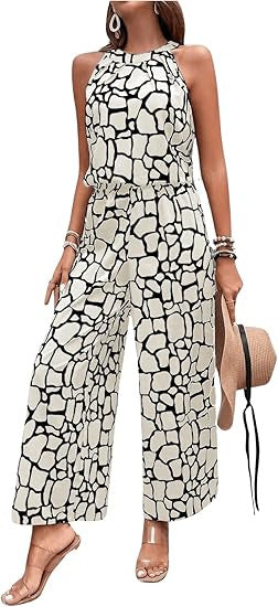 Damen edgy Jumpsuit mit Giraffenmuster und weitem Bein R&B
