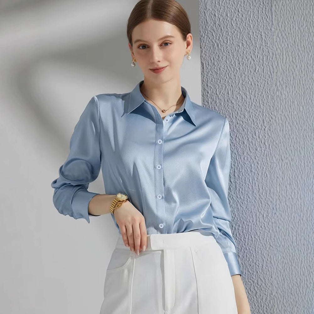 Damen Luxus Satin-Bluse mit elegantem Kragen und weichen Ärmeln R&B