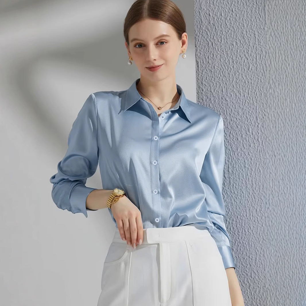 Damen Luxus Satin-Bluse mit elegantem Kragen und weichen Ärmeln R&B