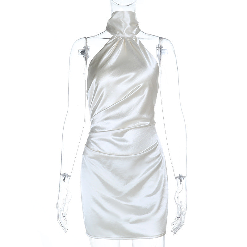 Damen kurzes Satin-Halterkleid mit raffiniertem Wickeldesign R&B