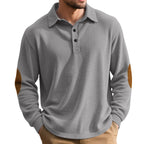 Herren nan gerippter Freizeit-Polo mit Kentkragen, kurzer Knopfleiste und Velours-Ellenbogenpatch R&B