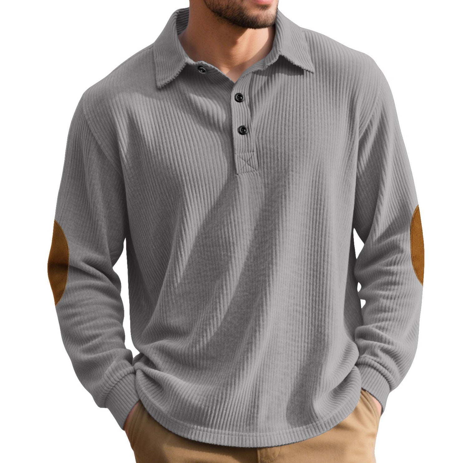 Herren nan gerippter Freizeit-Polo mit Kentkragen, kurzer Knopfleiste und Velours-Ellenbogenpatch R&B