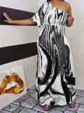 Damen Maxikleid mit asymmetrischem Ausschnitt und modernem Wellenmuster R&B