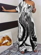 Damen Maxikleid mit asymmetrischem Ausschnitt und modernem Wellenmuster R&B
