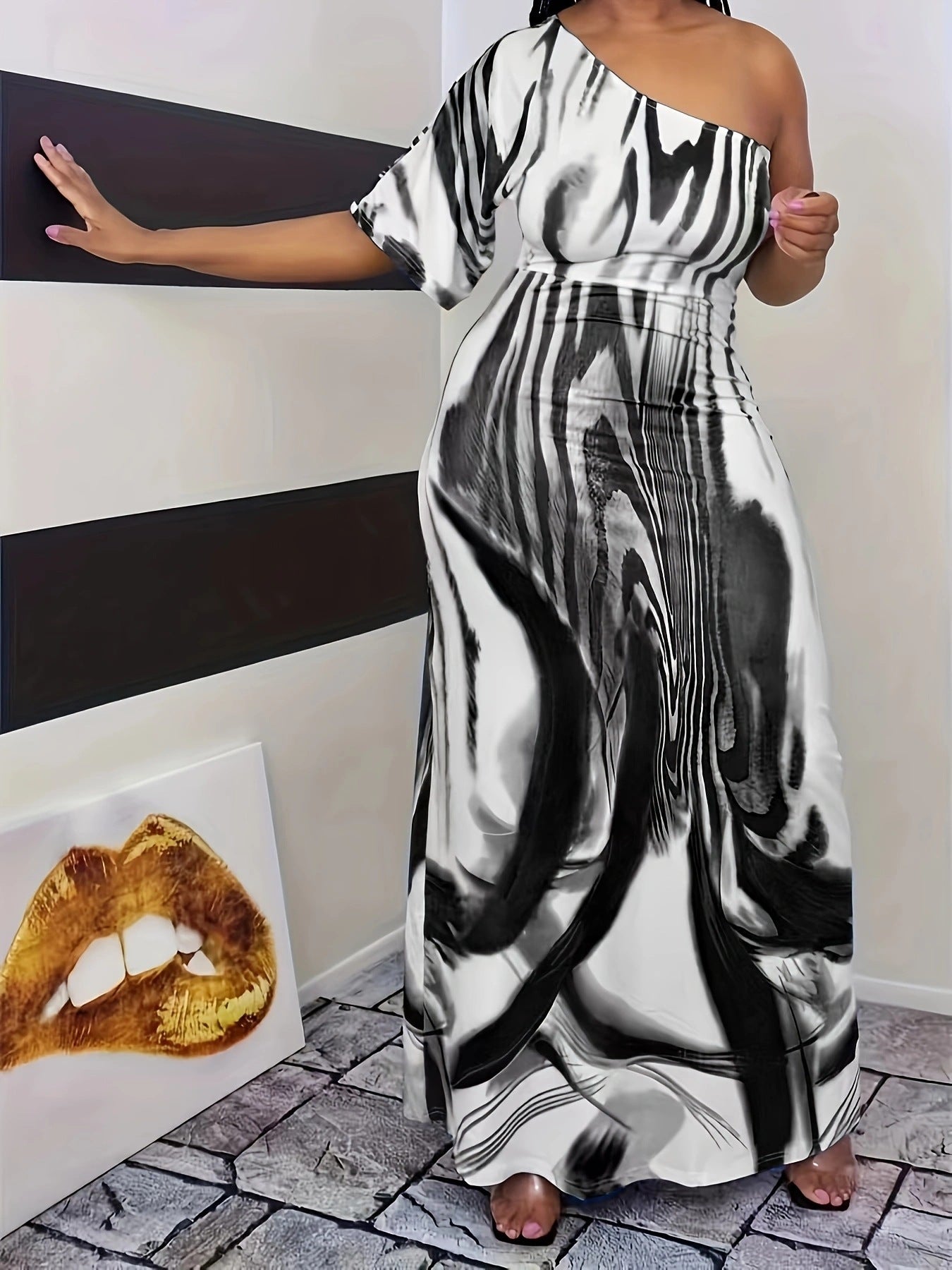 Damen Maxikleid mit asymmetrischem Ausschnitt und modernem Wellenmuster R&B