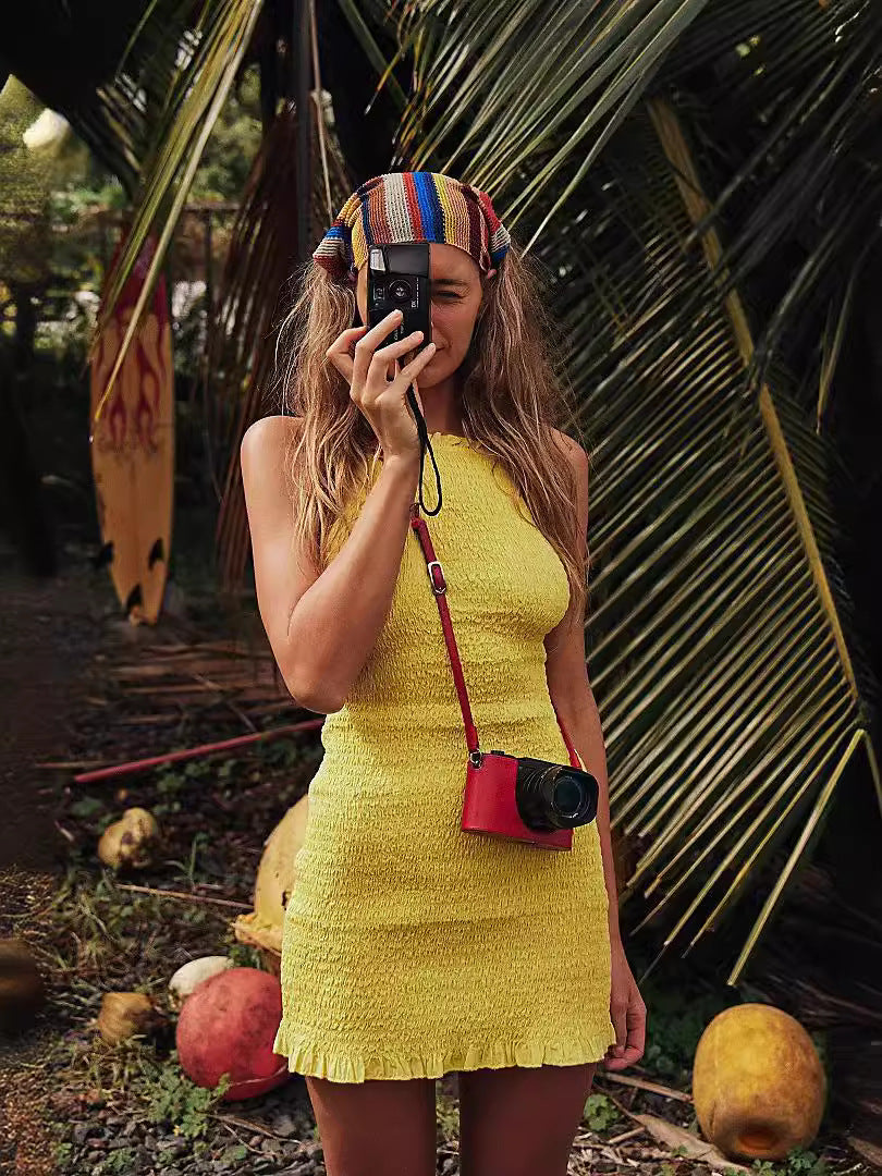 Damen figurbetontes Minikleid mit Rüschensaum und hohem Kragen R&B
