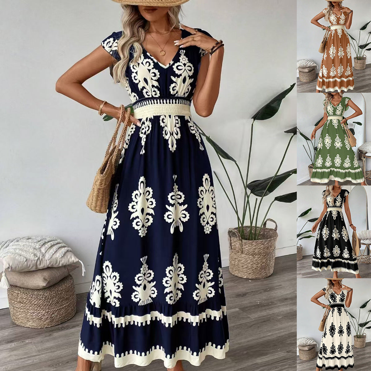 Damen Maxikleid mit V-Ausschnitt und einzigartigem floralem Design R&B