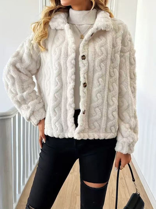 Damen Plüschjacke mit Knopfverschluss und gestreiftem Strukturdesign R&B