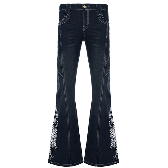 Damen Jeans mit ausgestelltem Bein und eleganter Stickerei R&B