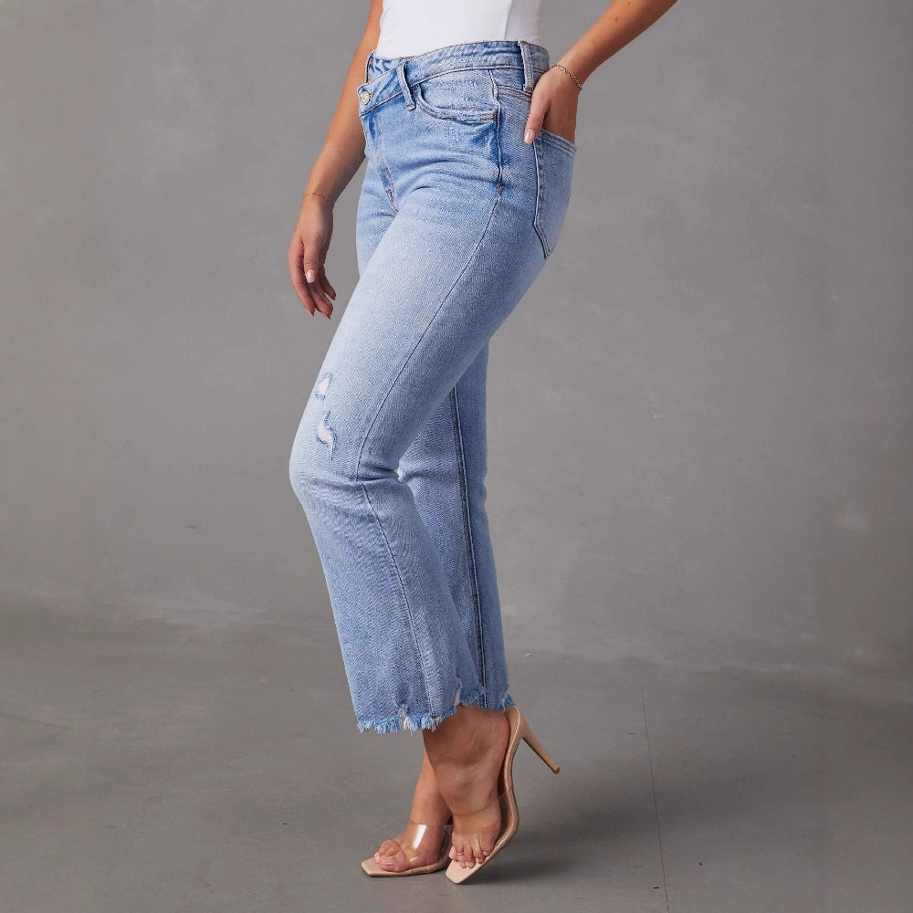 Damen Flared Jeans mit fransigen Säumen und modischem Distressed-Effekt R&B