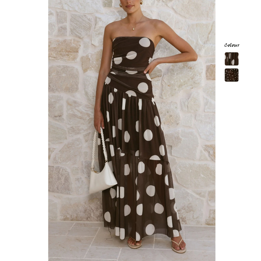 Damen Maxikleid mit schulterfreiem Schnitt und verspieltem Punktenmuster R&B