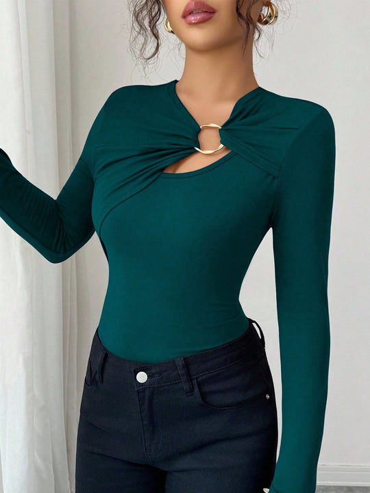 Damen nan figurbetonter Langarm-Body mit Leopardenprint und Zier-Ring R&B