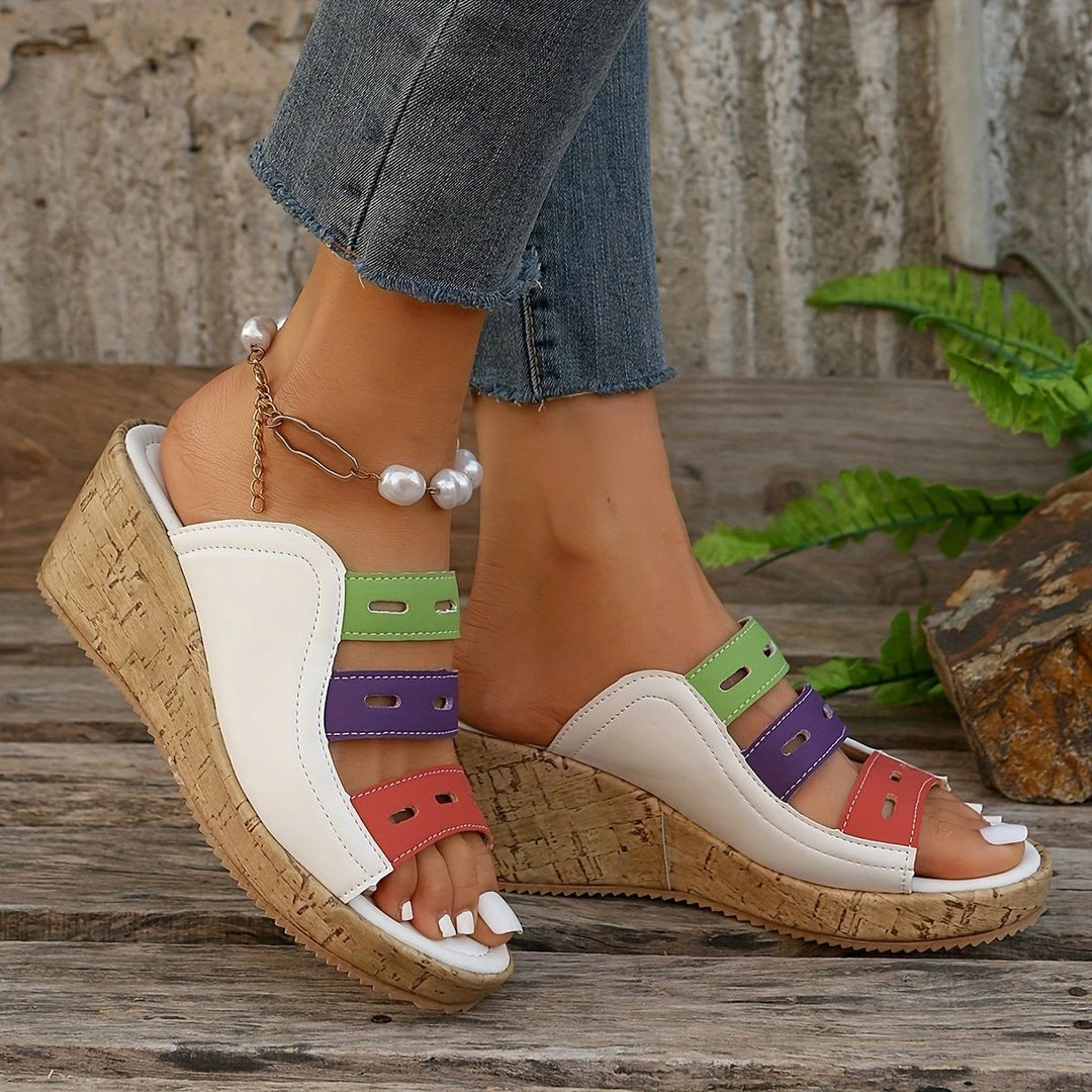Damen modische Wedge-Pantoletten mit farbigen Trägern und komfortabler Sohle R&B