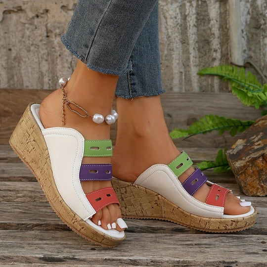 Damen modische Wedge-Pantoletten mit farbigen Trägern und komfortabler Sohle R&B