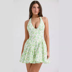 Damen kurzes Kleid mit verspieltem Blumenmuster und tiefem V-Ausschnitt R&B