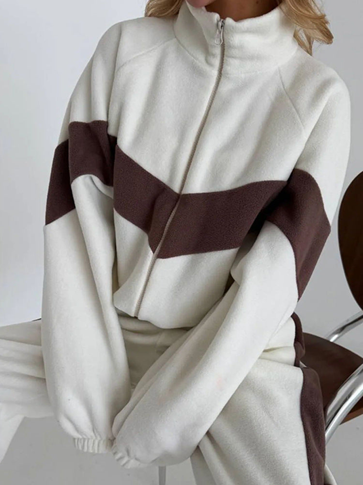 Damen sportliches Fleece-Set mit Reißverschluss und kontrastierenden Seiteneinsätzen R&B