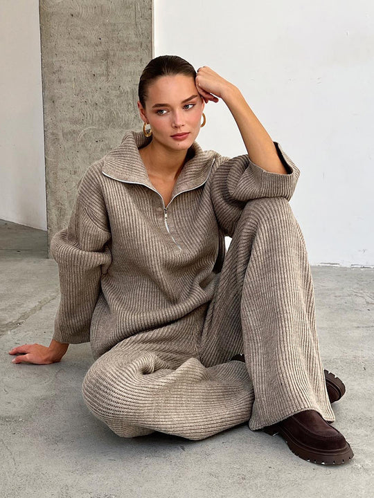 Damen Strick-Loungewear-Ensemble mit weitem Schnitt und hohem Kragen R&B