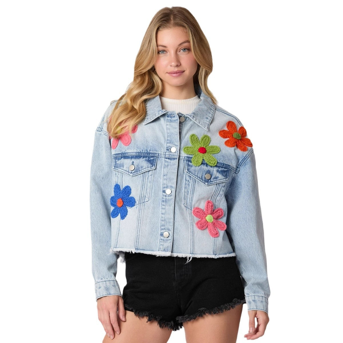 Damen Jeansjacke mit buntem Rugby-Print und lässigem Schnitt R&B