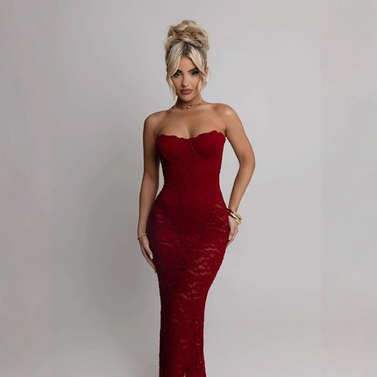 Damen Spitzenabendkleid mit herzförmigem Ausschnitt und figurbetontem Schnitt R&B