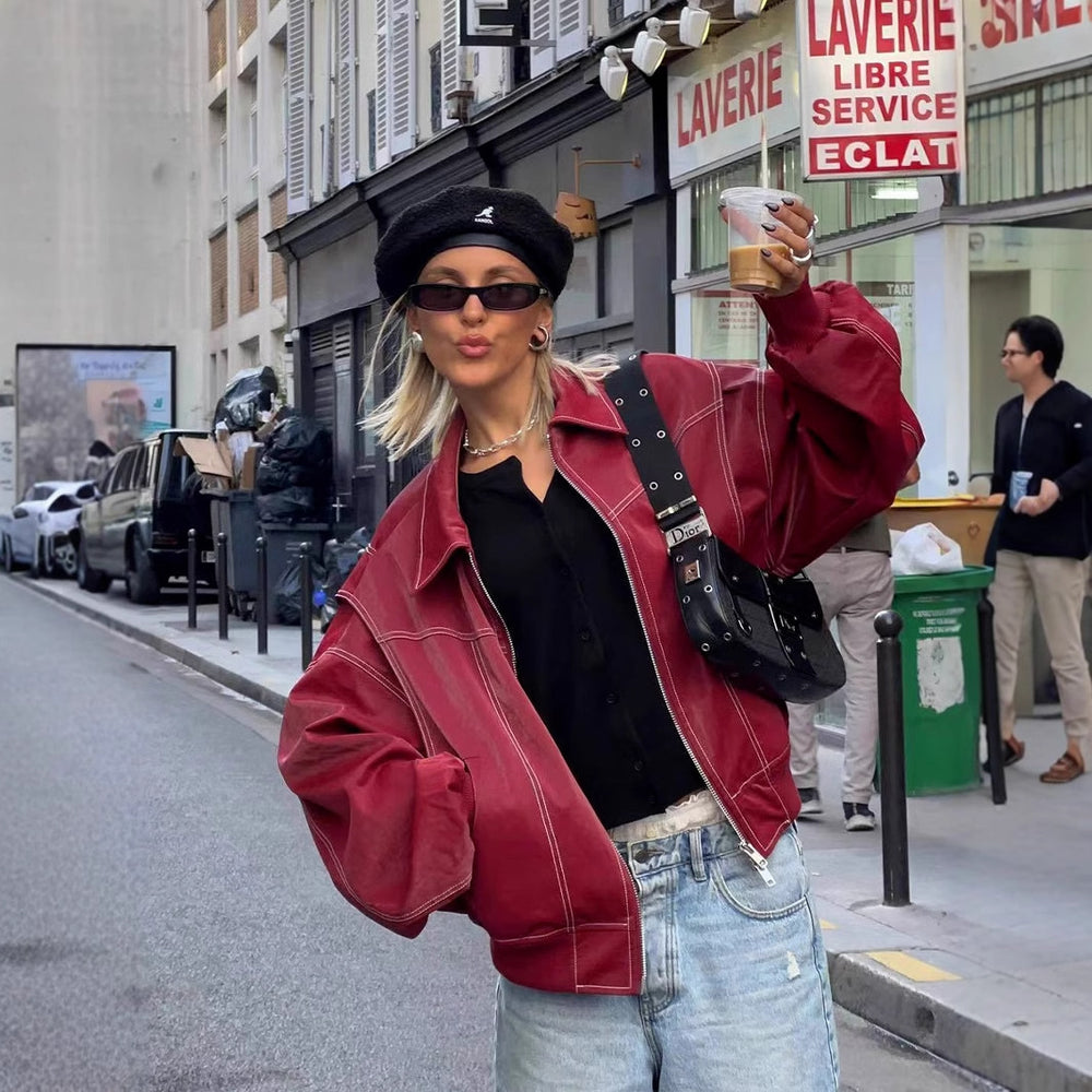 Damen Kunstlederjacke mit lässigem Schnitt und elastischem Saum R&B