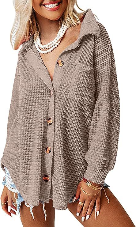 Damen lässige Waffle-Hemdenjacke mit Knopfverschluss R&B